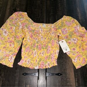 BILLABONG Be My Babe Crop Top Sz L Yellow Floral Bell Sleeve Square Neck Ruffled
